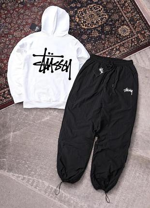 Чоловічий спортивний костюм stussy білий із капюшоном комплект худі штани плащівка стуссі (b)