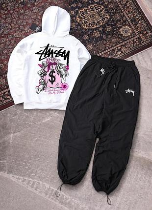 Чоловічий спортивний костюм stussy чорно-білий з капюшоном комплект худі штани плащівка стуссі (b)