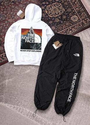 Чоловічий спортивний костюм the north face біло-чорний з капюшоном комплект худі штани плащівка зе норт фейс (b)