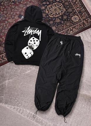 Чоловічий спортивний костюм чорний stussy з капюшоном комплект худі штани плащівка стуссі (b)