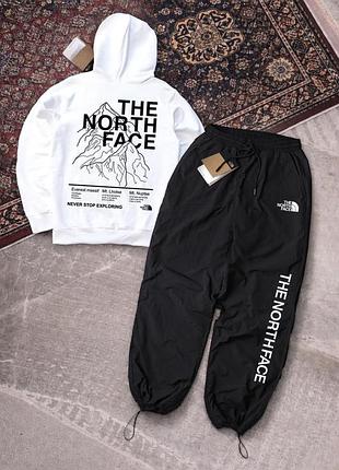 Чоловічий спортивний костюм the north face біло-чорний з капюшоном комплект худі штани плащівка зе норт фейс (b)