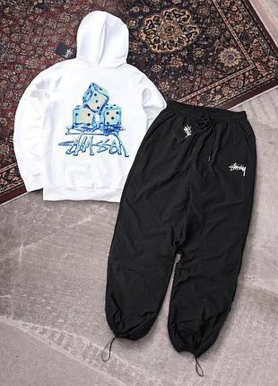 Чоловічий спортивний костюм stussy чорно-білий з капюшоном комплект худі штани плащівка стуссі (b)