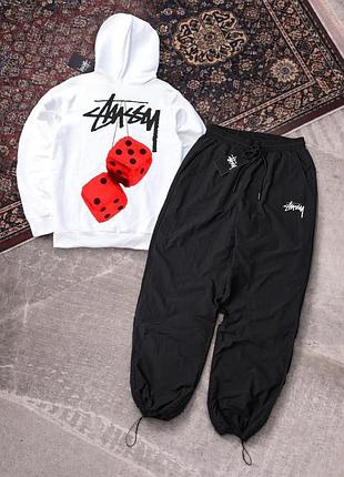 Чоловічий спортивний костюм stussy чорно-білий з капюшоном комплект худі штани плащівка стуссі (b)