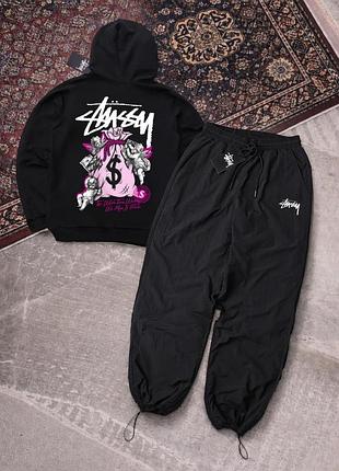 Чоловічий спортивний костюм чорний stussy з капюшоном комплект худі штани плащівка стуссі (b)