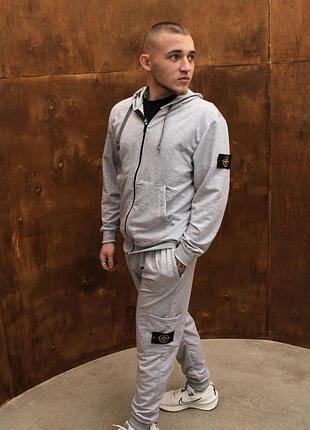 Мужской спортивный костюм stone island толстовка + штаны серый с капюшоном на молнии стон айленд l (b)