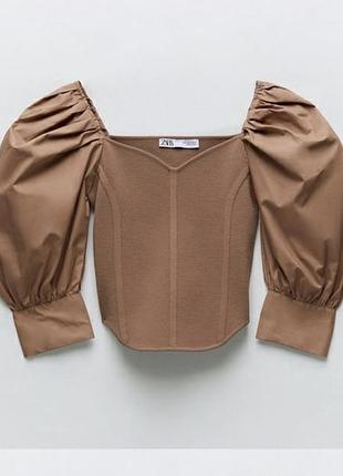 Блуза жіноча zara топ з рукавами буфами, бежева
