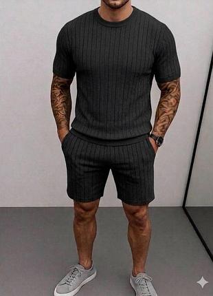 Костюм футболка + шорти з рубчастого трикотажу чорний 54-56 — ‼️заміри в описі‼️