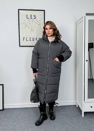 Пальто зимове з плащівки на силіконі, з капюшоном та двосторонньою блискавкою графіт 50-52 — ‼️заміри в описі‼️