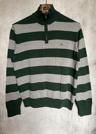 Светр чоловічий tommy hilfiger half-zip pullover mock neck striped cotton, сірий, зелений, розмір m/l