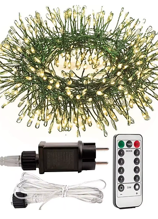 Гирлянда - фейерверк 10 м, 300 led, тонкая гирлянда-нить, пульт ду, зеленая проволока, желтый цвет свечения
