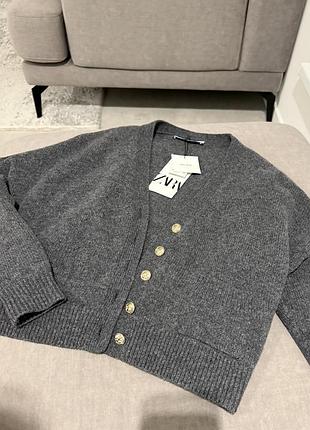 Сірий кардиган zara s 100% шерсть