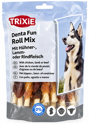 Лакомство trixie denta fun roll mix with chicken, lamb or beef для собак палочка для чистки зубов с курицей, ягненком или говядиной 10 см 250 г.