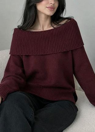 Бордовый свитер с открытыми плечами и широким отворотом от new look
