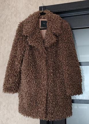 Коричневое стильное демисезонное пальто шубка тедди барашек zara размер s-m