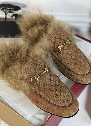 Мюлі gucci теплі замша з хутром коричневий колір