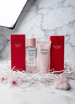 Набір мініатюр shiseido (ginza tokyo) ​очищальна піна з білою глиною (15 мл) ​зволожувальний лосьйон  (30 мл)