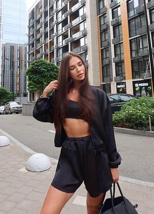 Костюм трійка з шовку армані: кофта, топ, шорти чорний 46-48 — ‼️заміри в описі‼️
