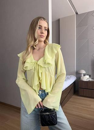 Блуза з воланами з креп шифону лайм 42-44 — ‼️заміри в описі‼️