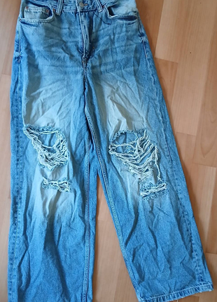 Широкие джинсы bershka с высокой посадкой и подертостями (wide leg / 90s baggy)