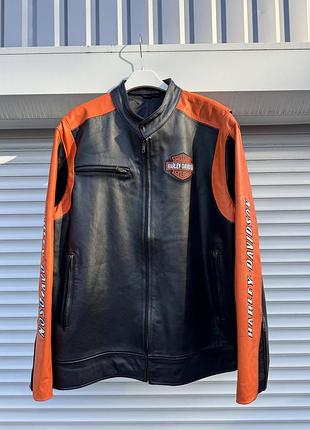Куртка чоловіча harley-davidson мотокуртка шкіряна чорно-помаранчева