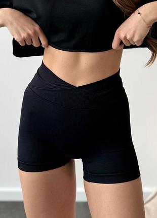 Спортивные женские короткие шорты soft sq с перекрестным поясом и эффектом push up для фитнеса, йоги, танцев бесшовные черные s