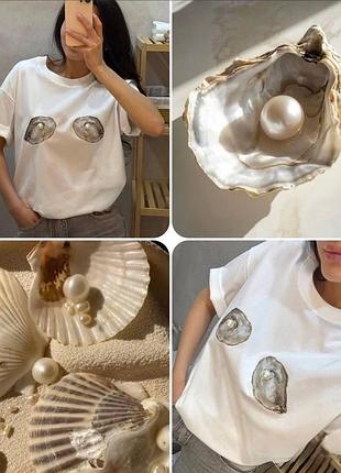Футболка oversize з малюнком устриць білий 42-46