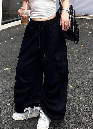 Штани-карго з двонитки oversize чорний 42-48 — ‼️заміри в описі‼️