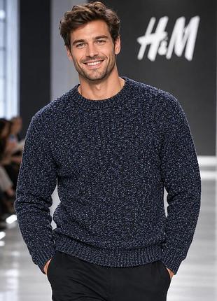 Чоловічий в'язаний светр h&m темно-синій l (бавовна)