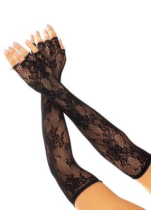 Мітенки leg avenue lace opera length fingerless gloves, чорні, ажурні, довжина вище ліктя sexstyle