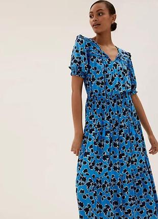 Плаття міді розкльошоне , сукня ярусна блакитна з квітковим принтом m&s collection