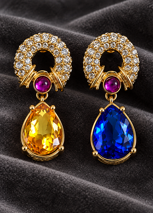 Сережки для жінок bvlgari вінтажні із золота з діамантами, рубінами, сапфірами та топазами