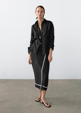 Жіноча міді спідниця massimo dutti лляна чорна з контрастною вишивкою