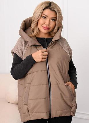 Жилетка з плащівки з капюшоном та трикотажними рукавами бежевий 60-62 — ‼️заміри в описі‼️