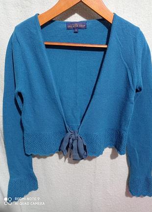 Р6. вовняне бірюзове болеро ажур вовна ягнят ангора sweater shop на зав'язках пов'язках вовняна