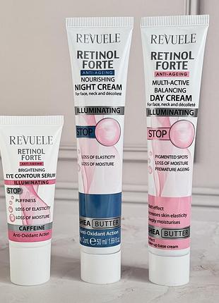 Антивіковий набір 3в1 для обличчя мультиактивний retinol forte revuele, денний крем + нічний крем + сироватка для контуру очей