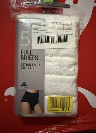 Трусики жіночі marks & spencer full briefs бавовна з лайкрою та мереживом, 5 шт, eu 40, білі