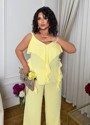 Костюм з американського крепу з воланами лимонний 62-64 — ‼️заміри в описі‼️
