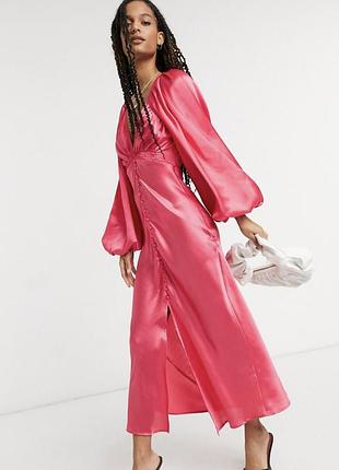 Яркое розовое сатиновое платье миди бренда asos design