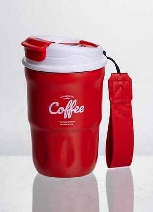Термочашка "coffee" 400 мл с ремешком и откидной крышкой-клапаном, красный yiwu hp-gm-18