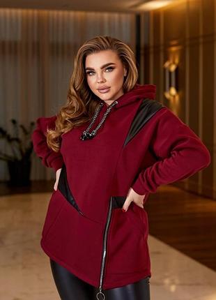 Костюм туніка + лосини з тринітки та еко-шкіри бордовий 48-50 — ‼️заміри в описі‼️