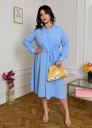 Сукня з поясом з креп льону блакитний 58-60 — ‼️заміри в описі‼️
