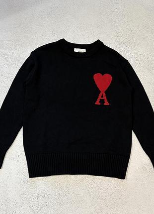 Черный свитер ami paris big heart logo / вязаный джемпер ами / размер m