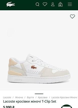 Кросівки жіночі lacoste t-clip set шкіряні білі з бежевим