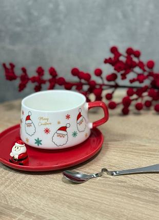 Чашка з блюдцем новорічна yiwu christmas порцелянова 250 мл білий із червоним fm-cs-10a