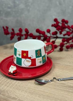 Чашка з блюдцем новорічна yiwu christmas порцелянова 250 мл білий із червоним fm-cs-10c