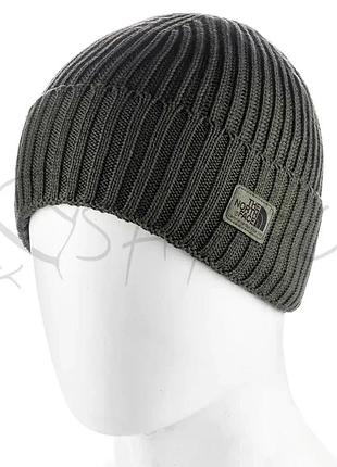 Шапка мужская с отворотом на флисовой подкладке шерстяная north face ottr553 темный хаки