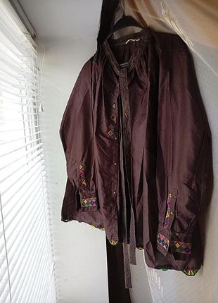 Блузка винтажная injiri свободного фасона шоколадного цвета 100% silk, свободная рубашка-жакет из натурального шелка, с очень характерной ручной вышив