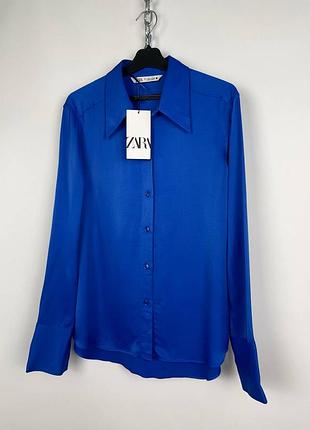Zara blouse large новая женская атласная синяя блуза, рубашка