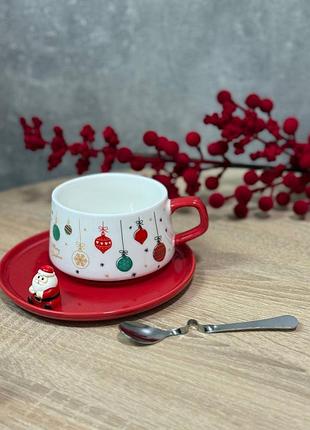 Чашка з блюдцем новорічна yiwu christmas порцелянова 250 мл білий із червоним fm-cs-10b