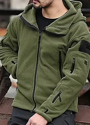 Мужская флисовая кофта olive green, теплая кофта с капюшоном, флисовая кофта 7
